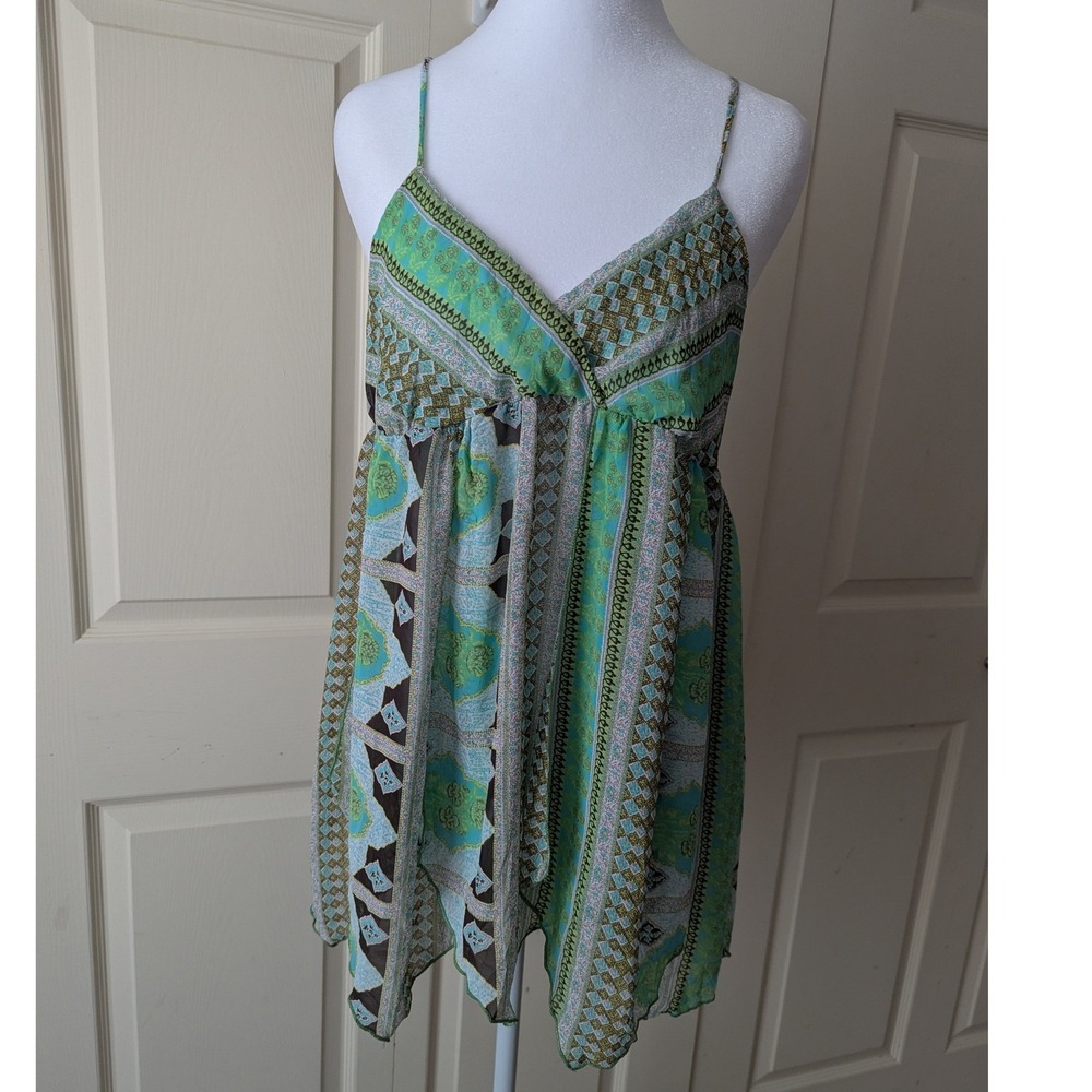 Rave Handkerchief Hem Babydoll Top Sz M Green Flowy Fairycore Y2K Vintage Tank